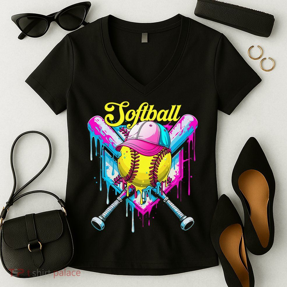 Softball Drip Ice Cream Coquette Bow Softball For Women's V-Neck T-Shirt