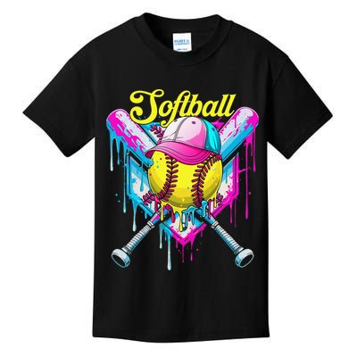 Softball Drip Ice Cream Coquette Bow Softball For Kids T-Shirt