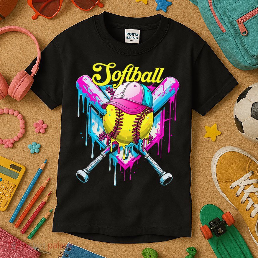 Softball Drip Ice Cream Coquette Bow Softball For Kids T-Shirt