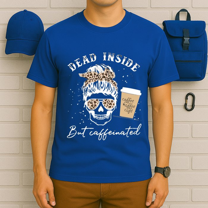 Skull Dead Inside But Caffeinated Skeleton Messy Bun Leopard Cool Gift T-Shirt