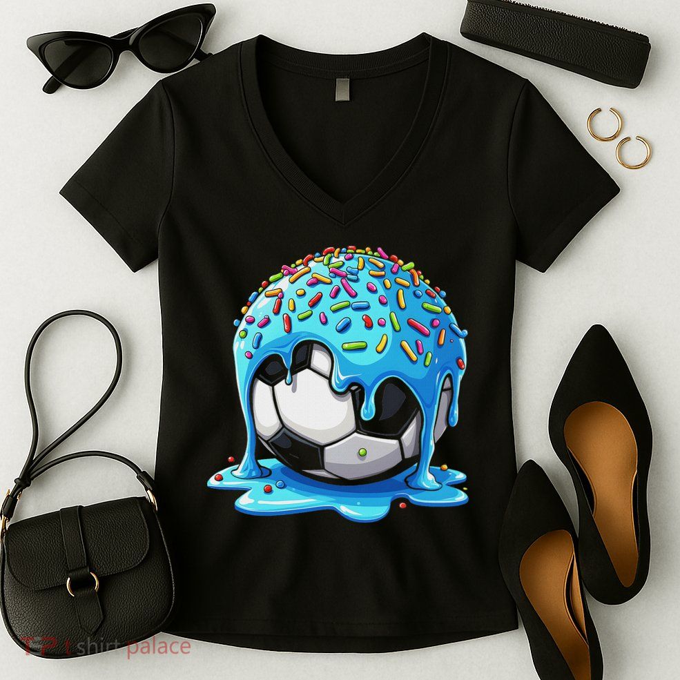 Soccer Drip Ice Cream Drip With Sprinkles Summer Women's V-Neck T-Shirt