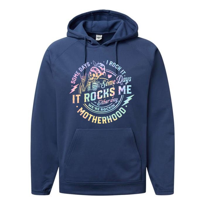 Some Days I Rock It Some Days It Rocks Me Tie Dye Skull Mom Performance Fleece Hoodie