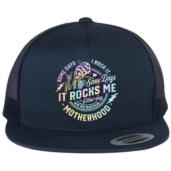 Some Days I Rock It Some Days It Rocks Me Tie Dye Skull Mom Flat Bill Trucker Hat