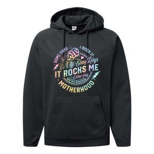 Some Days I Rock It Some Days It Rocks Me Tie Dye Skull Mom Performance Fleece Hoodie