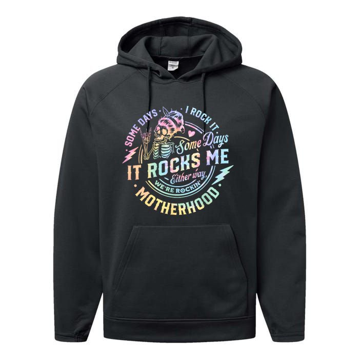 Some Days I Rock It Some Days It Rocks Me Tie Dye Skull Mom Performance Fleece Hoodie