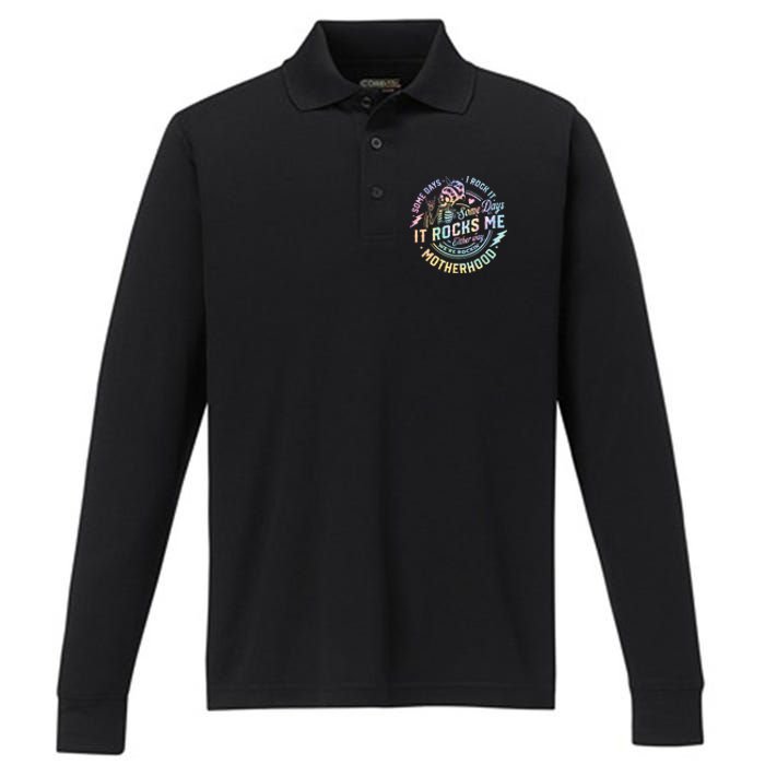 Some Days I Rock It Some Days It Rocks Me Tie Dye Skull Mom Performance Long Sleeve Polo