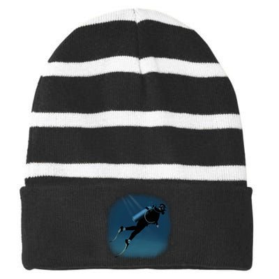 Scuba Diving Illustration Striped Beanie with Solid Band