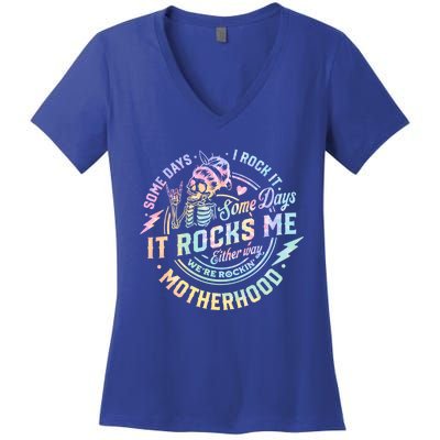 Some Days I Rock It Some Days It Rocks Me Tie Dye Skull Mom Gift Women's V-Neck T-Shirt