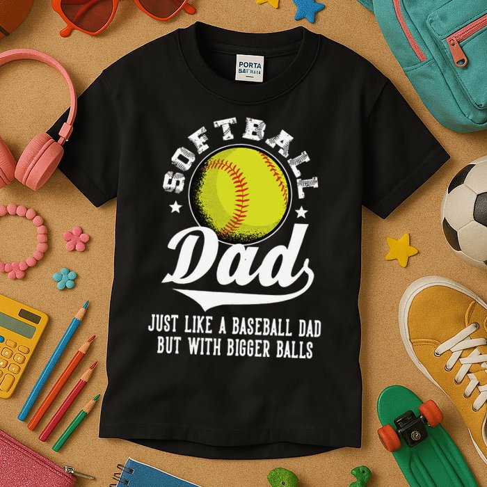 Softball Dad Like Baseball But With Bigger Balls Fathers Day Kids T-Shirt