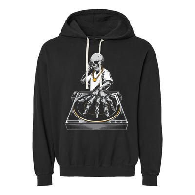 Skeleton DJ Lazy Halloween Costume Skull Disc Jockey Garment-Dyed Fleece Hoodie