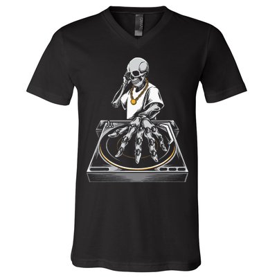 Skeleton DJ Lazy Halloween Costume Skull Disc Jockey V-Neck T-Shirt