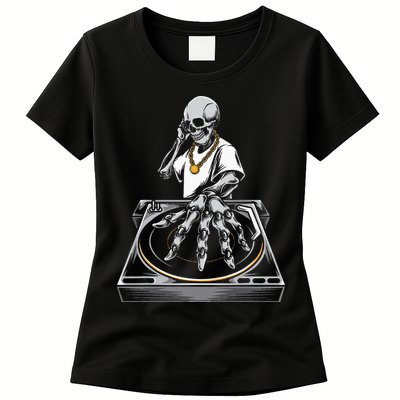 Skeleton DJ Lazy Halloween Costume Skull Disc Jockey Womens T-Shirt