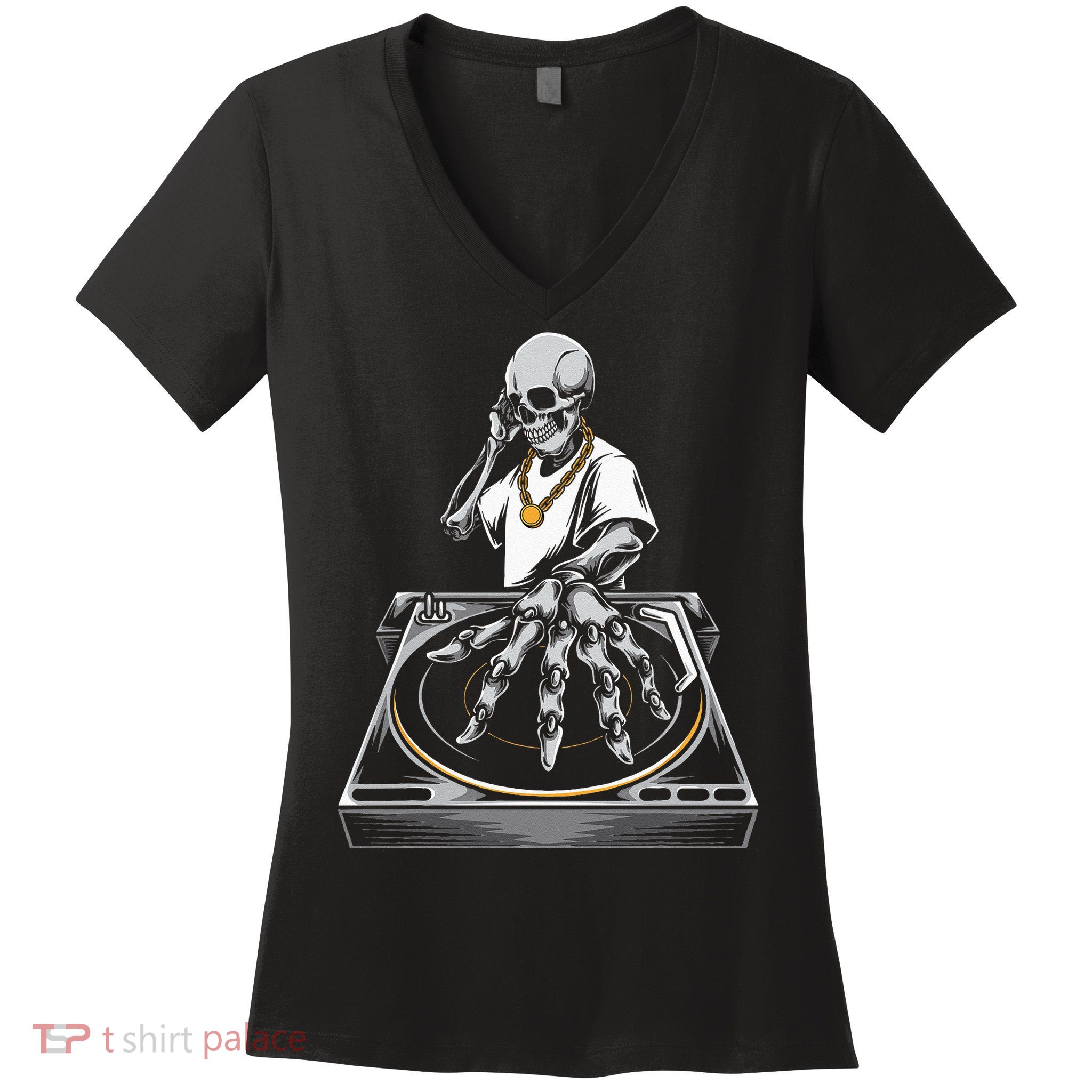 Skeleton DJ Lazy Halloween Costume Skull Disc Jockey Women's V-Neck T-Shirt