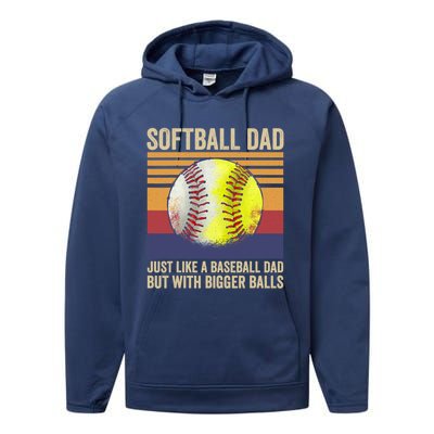 Softball Dad Like A Baseball Dad With Bigger Balls Vintage Gift Performance Fleece Hoodie