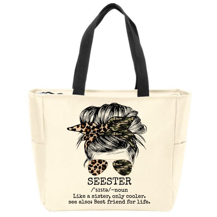 Seester Definition Messy Bun Camo Cheetah Zip Tote Bag
