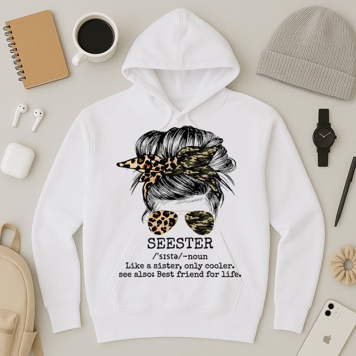 Seester Definition Messy Bun Camo Cheetah Hoodie