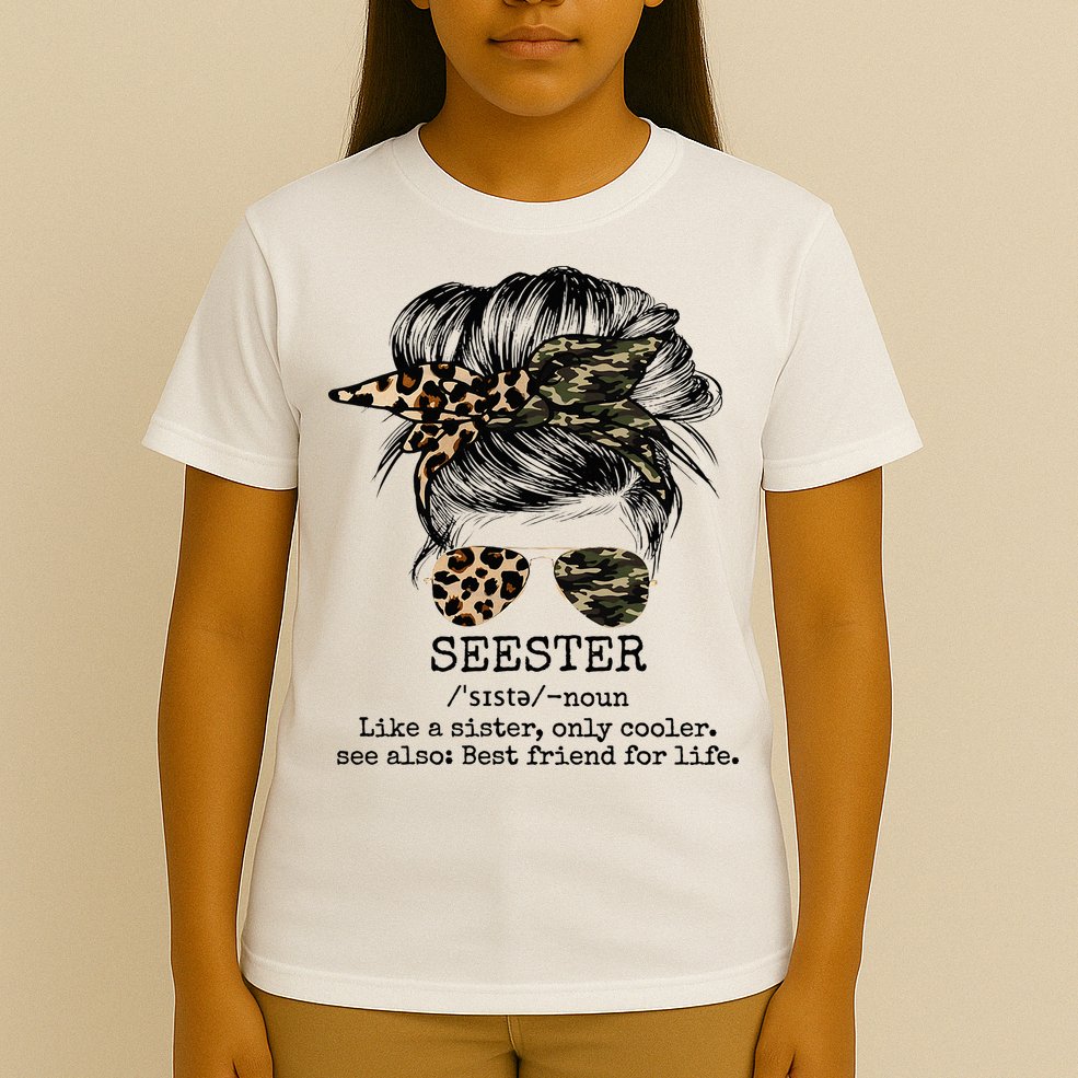 Seester Definition Messy Bun Camo Cheetah T-Shirt
