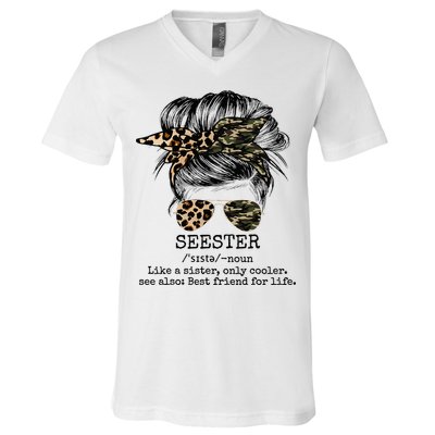 Seester Definition Messy Bun Camo Cheetah V-Neck T-Shirt