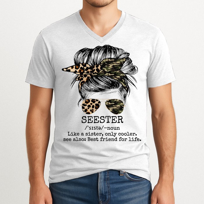 Seester Definition Messy Bun Camo Cheetah V-Neck T-Shirt