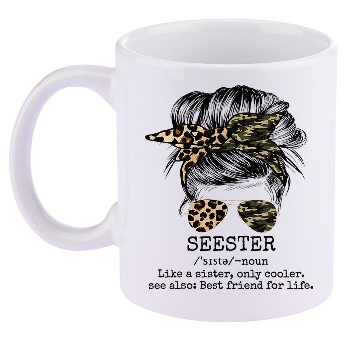 Seester Definition Messy Bun Camo Cheetah 11oz C Handle Ceramic Mug