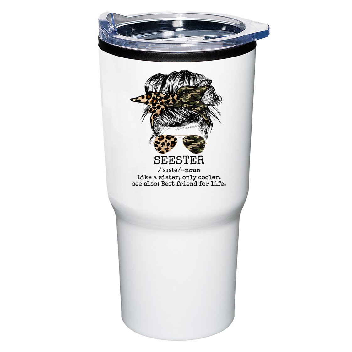 Seester Definition Messy Bun Camo Cheetah Tumbler