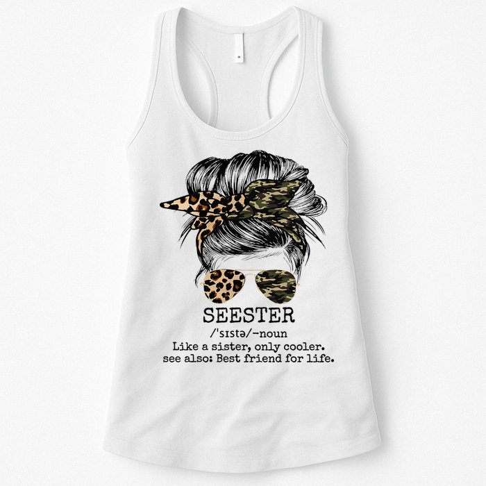 Seester Definition Messy Bun Camo Cheetah Womens Tank Top