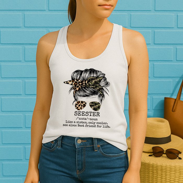 Seester Definition Messy Bun Camo Cheetah Womens Tank Top