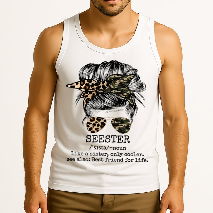 Seester Definition Messy Bun Camo Cheetah Tank Top