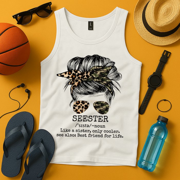Seester Definition Messy Bun Camo Cheetah Tank Top