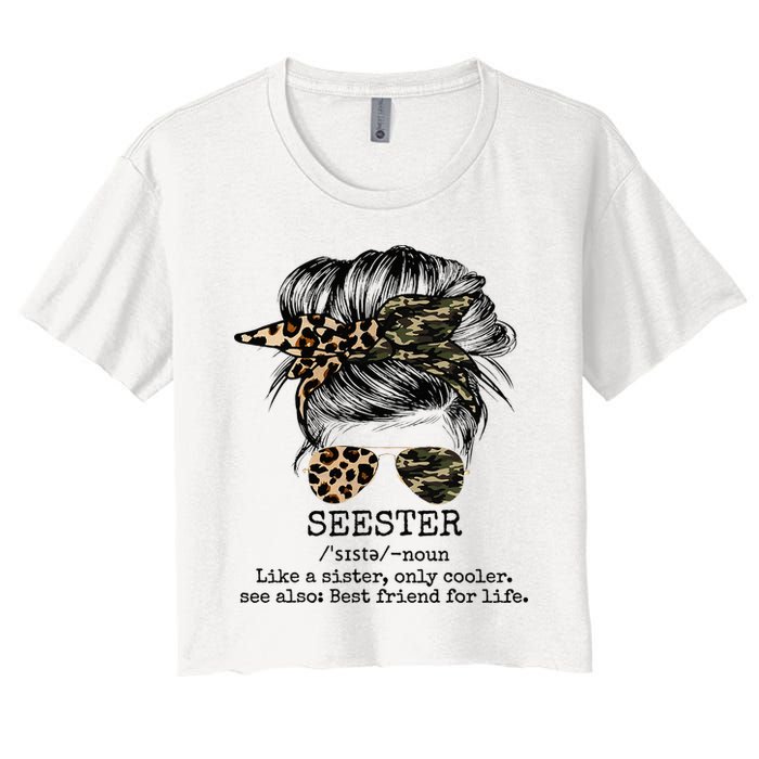 Seester Definition Messy Bun Camo Cheetah Crop Top