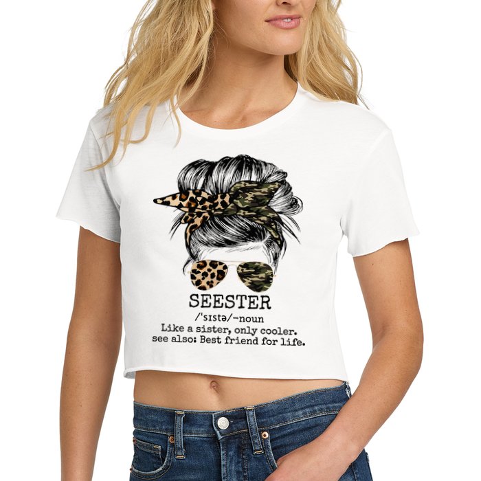 Seester Definition Messy Bun Camo Cheetah Crop Top