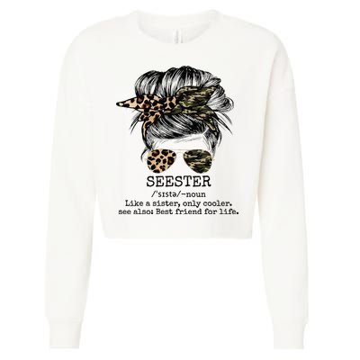 Seester Definition Messy Bun Camo Cheetah Cropped Pullover Crew