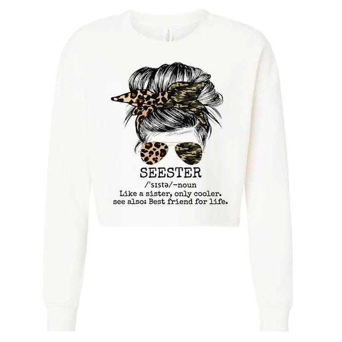 Seester Definition Messy Bun Camo Cheetah Cropped Pullover Crew