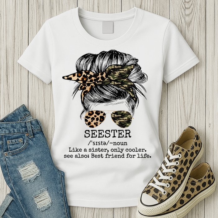 Seester Definition Messy Bun Camo Cheetah Womens T-Shirt