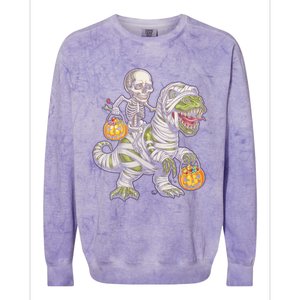 Skeleton Dinosaur Mummy Halloween Pumpkin Trick Treat Gift Colorblast Crewneck Sweatshirt