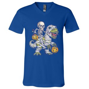 Skeleton Dinosaur Mummy Halloween Pumpkin Trick Treat Gift V-Neck T-Shirt