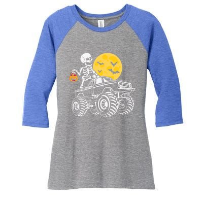 Skeleton Dabbing Monster Truck Pumpkin Halloween Costume Funny Gift Women's Tri-Blend 3/4-Sleeve Raglan Shirt