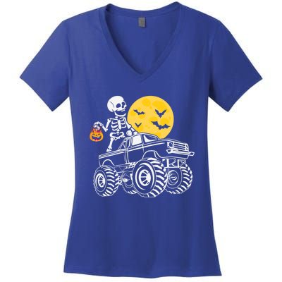 Skeleton Dabbing Monster Truck Pumpkin Halloween Costume Funny Gift Women's V-Neck T-Shirt