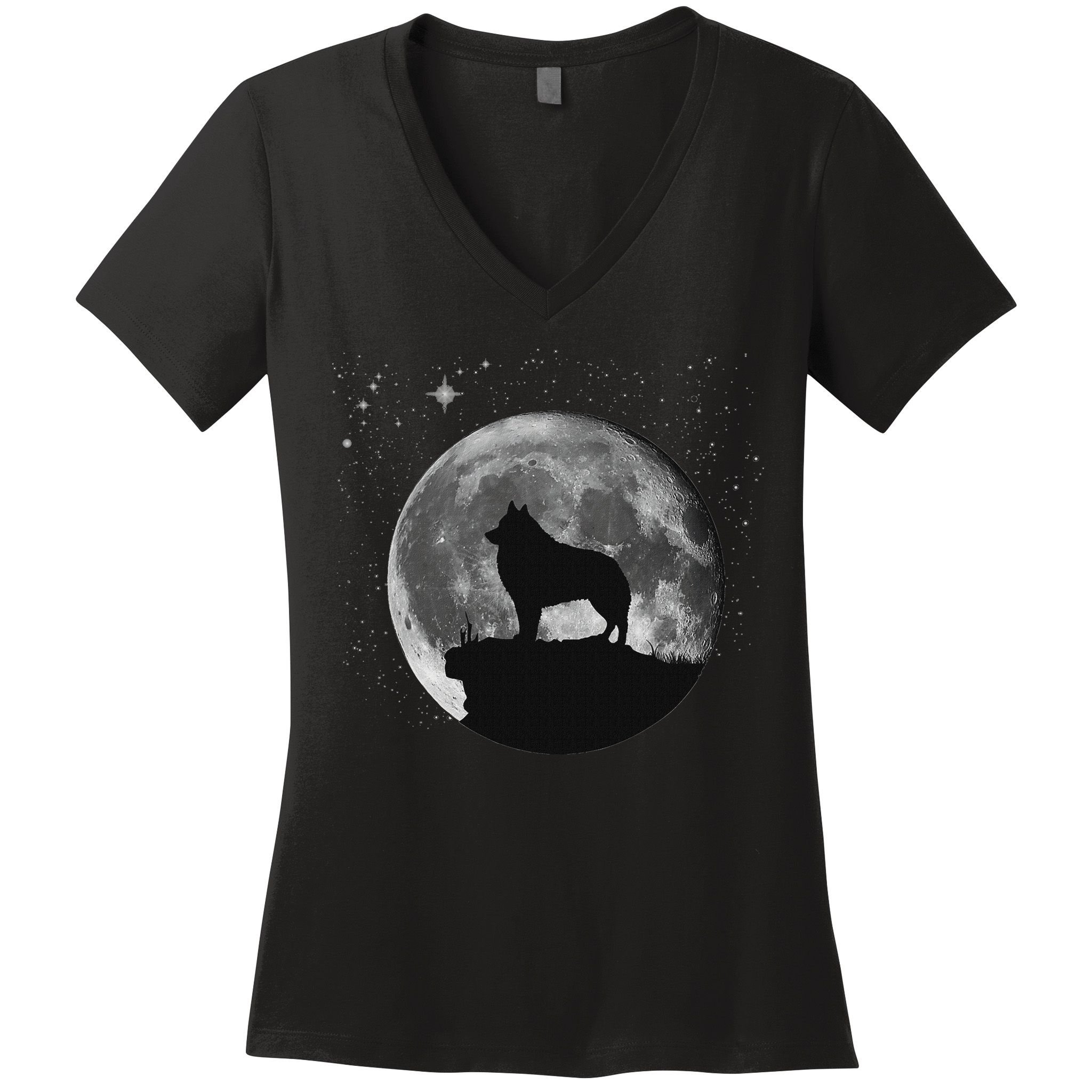 Schipperke Dog Moon Women's V-Neck T-Shirt