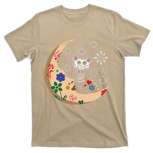 Souls Day Muertos Day Of Dead Sugar Skull Moon Cat Floral T-Shirt