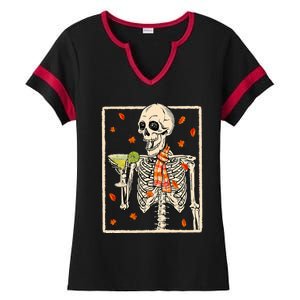  Skeleton Drinking Margarita Cocktail Fall Thanksgiving Ladies Halftime Notch Neck Tee