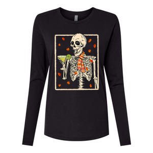  Skeleton Drinking Margarita Cocktail Fall Thanksgiving Womens Cotton Relaxed Long Sleeve T-Shirt