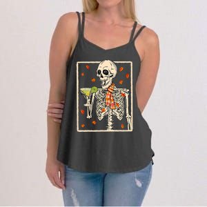  Skeleton Drinking Margarita Cocktail Fall Thanksgiving Women's Strappy Tank