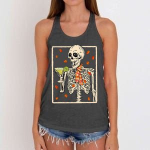  Skeleton Drinking Margarita Cocktail Fall Thanksgiving Women's Knotted Racerback Tank