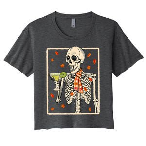  Skeleton Drinking Margarita Cocktail Fall Thanksgiving Women's Crop Top Tee