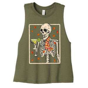  Skeleton Drinking Margarita Cocktail Fall Thanksgiving Women's Racerback Cropped Tank