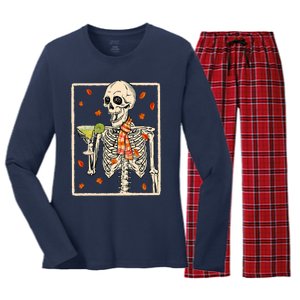  Skeleton Drinking Margarita Cocktail Fall Thanksgiving Women's Long Sleeve Flannel Pajama Set 