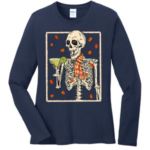  Skeleton Drinking Margarita Cocktail Fall Thanksgiving Ladies Long Sleeve Shirt