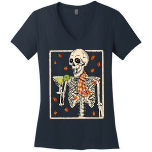  Skeleton Drinking Margarita Cocktail Fall Thanksgiving Women's V-Neck T-Shirt