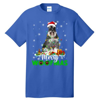 Schnauzer Dog Merry Woofmas Funny Xmas Lights Santa Hat Great Gift Tall T-Shirt